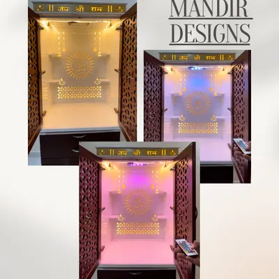 This custom mandir design features remote-controlled, color-changing LED lights, allowing you to set the perfect ambiance. The unit includes intricate jali work and a 'Jai Shri Ram' inscription.