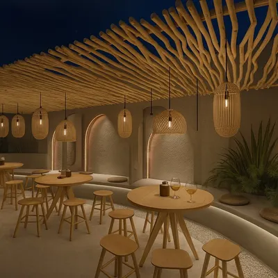 An evening view of the 6th Empirica rooftop, where the custom bamboo lighting and simple wooden furniture create a warm and inviting glow. The design focuses on natural materials to build a relaxed, earthy ambiance perfect for a Goan-themed escape.