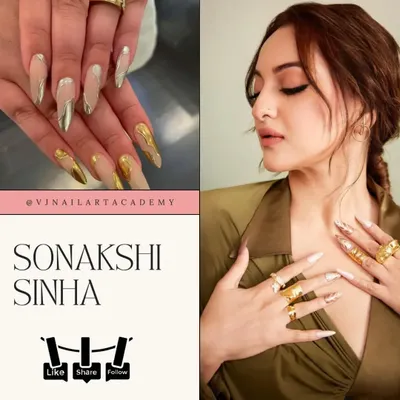Get inspired by Sonakshi Sinha's bold and glamorous style with these long, metallic gold and silver nails. We can recreate this high-fashion look for you.