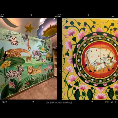 This collage shares a bit about my background and how I turned my passion for art into a profession. It shows a jungle-themed mural for a child's room alongside a traditional Pichwai piece, highlighting the two main goals of my work: amplifying ambience and branding spaces.