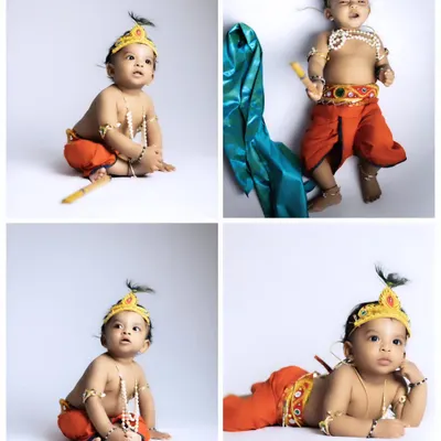 Our 'Little Krishna' theme is perfect for capturing your baby's divine innocence. We provide the complete costume and guide them through a series of playful poses for a fun and memorable photoshoot.