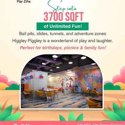 Step into 3700 sq ft of unlimited fun! This graphic gives you a glimpse of our spacious cafe and play area, perfect for parties, picnics, and family fun.