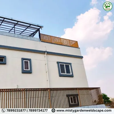 This privacy safety structure at Celebrity Pride Access combines modern CNC cut panels on the terrace with classic jali bricks, creating a secure and stylish barrier that allows for light and airflow.