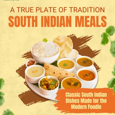 A true plate of tradition. Our South Indian Meals feature a variety of classic dishes, from flavorful curries and rice to crispy appalam, all made for the modern foodie.
