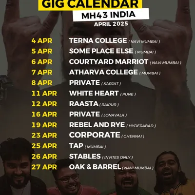 Our gig calendar for a packed month. This shows our relentless schedule, playing at colleges, corporate events, and top clubs in Mumbai, Pune, Hyderabad, and Chennai. We are always on the road.