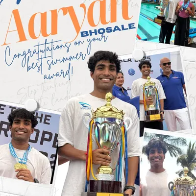 Aaryan Bhosale earned the Best Swimmer Award in the Open Men’s Category at the 38th Annual Otters Open Swimgala. This collage celebrates his dedication and triumphant performance.