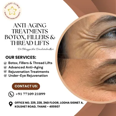 This graphic provides an overview of my primary anti-aging services: Botox, fillers, and thread lifts. This before-and-after of crow's feet shows how injectables can soften expression lines for a rested, youthful look.