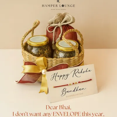 Hint to your brother with this chic and eco-friendly jute basket hamper. It's packed with crunchy munchies and sweet treats, making it the perfect Rakhi gift for the sister who prefers snacks over envelopes.