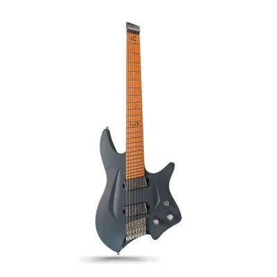 A professional studio shot of a modern, headless electric guitar against a pure white background, emphasizing its unique design and matte black finish.