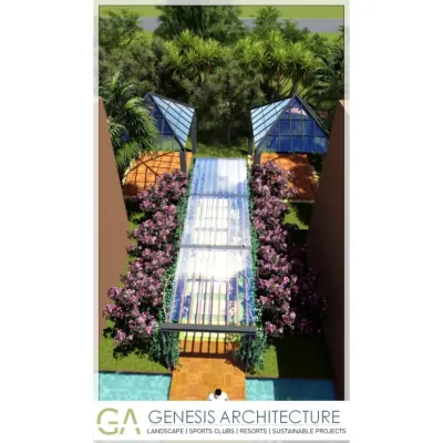 A 3D concept for a resort walkway, enclosed by glass and flanked by flowering bougainvillea. The design provides a sheltered, light-filled path that connects different areas of the property while keeping guests immersed in the landscape.