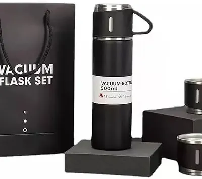 A sleek and modern vacuum flask set, complete with a 500ml bottle and two matching mugs. This is a highly practical and appreciated gift for employees, clients, or event attendees.