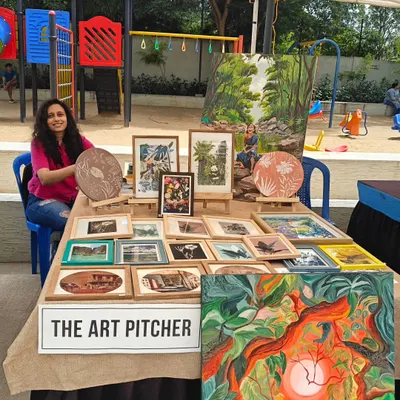 Here I am at an art market in Bangalore, celebrating Onam with my collection. It was a beautiful day with lovely weather, and I enjoyed connecting with fellow art lovers.