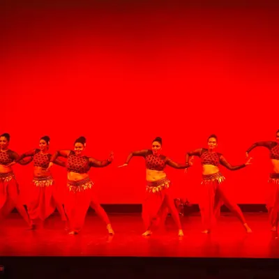 Our troupe performing "Satori" on a dramatically lit red stage. We focus on creating visually stunning formations and synchronized movements that make a powerful impact.