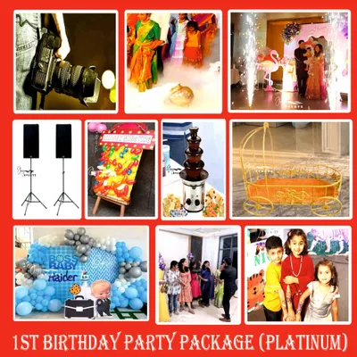 A glimpse into our Platinum birthday party package, designed for a complete first birthday experience. This collage shows the variety we offer, including professional photography, sound systems, a chocolate fountain, and a baby entry cradle.