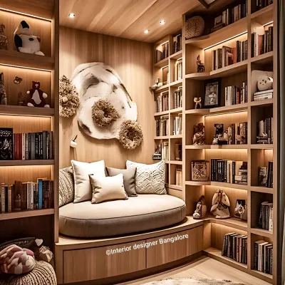 A cozy and enchanting reading nook built into a corner. The space is surrounded by custom, backlit bookshelves and features a comfortable circular daybed, creating the perfect escape for any book lover.