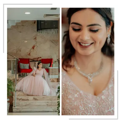 A diptych of the bride, Mansi, at her Roka. One shot captures her full, flowing gown on the stairs, while the other is a close-up of her happy, dimpled smile.