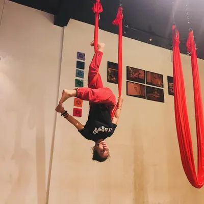 A playful inversion during practice. I am always working on new class schedules and timings to make aerial yoga accessible to more people.
