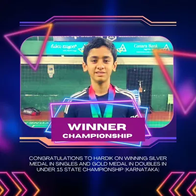 We celebrate every victory. Congratulations to our student Hardik for his incredible performance, winning a gold medal in doubles and a silver in singles at the U-15 Karnataka State Championship.
