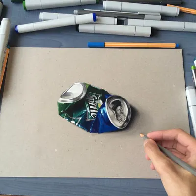 A realistic drawing of a crushed Sprite can. This piece was a study in capturing the bent metal, condensation, and vibrant colors using Copic markers and colored pencils.
