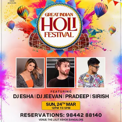 The official poster for the Great Indian Holi Festival at The Lalit Ashok. I am a go-to DJ for major Holi events in Bangalore, known for playing the best Bollywood and Punjabi tracks.