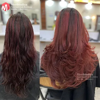 A before-and-after look at a vibrant red hair color transformation. Students learn how to achieve rich, lasting color while maintaining the hair's health, finishing with a voluminous layered cut and style.