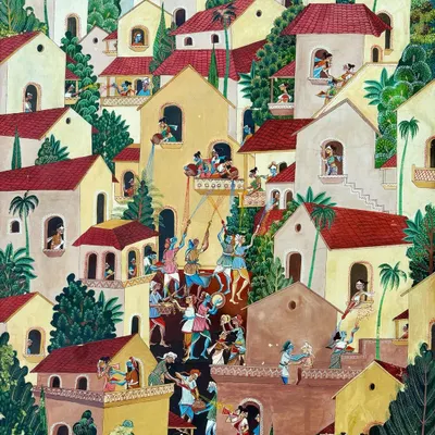'BANNADA HOKULI' (Colourful Holi), a watercolour on paper by S. Banu Munaf from 1992. This vibrant painting captures the joy and energy of the Holi festival, with people celebrating on rooftops.