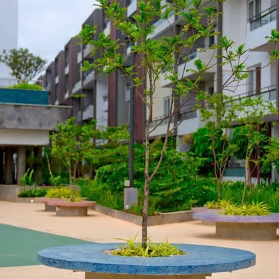 The 'Poetree' apartment complex in Bangalore, where community spaces are given as much importance as private homes. The circular seating around the tree is designed to encourage residents to gather and connect.