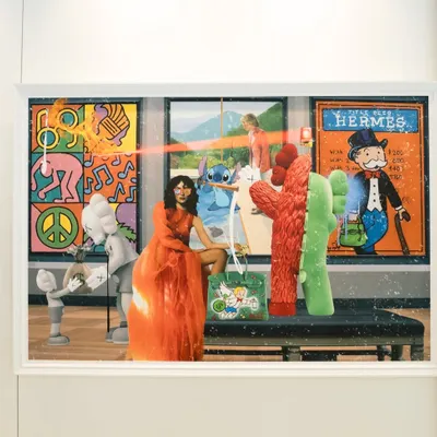 'The Museum Heist' by Maegha, a mixed media and augmented reality artwork. The serene museum scene, filled with pop culture icons like Stitch and the Monopoly Man, transforms into a thrilling heist when viewed through AR.