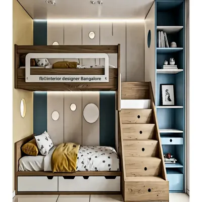 A fantastic bunk bed design that incorporates storage into the staircase. The room features a neutral and blue color palette with fun, circular wall lights, creating a playful yet organized space for siblings.
