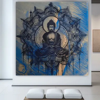 This large, contemporary Buddha painting is a stunning centerpiece for any gallery or large room. The artwork's serene expression and intricate details invite contemplation and a moment of pause.