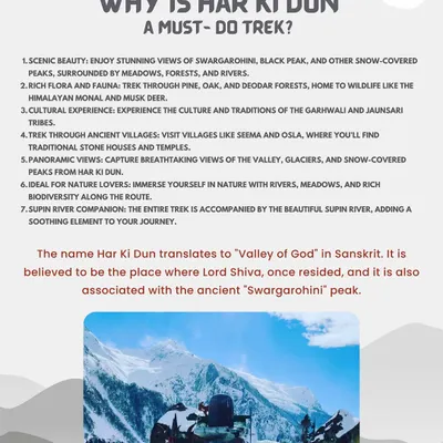 Discover the "Valley of God". This graphic details the highlights of the Har Ki Dun trek, from its stunning views of the Swargarohini peaks to the unique cultural experience of visiting ancient Garhwali villages.