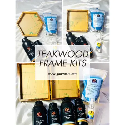 Our Teakwood Frame Kits are perfect for beginners. This image shows the different frame shapes available, along with the resin, silica gel, and tools included in each set.