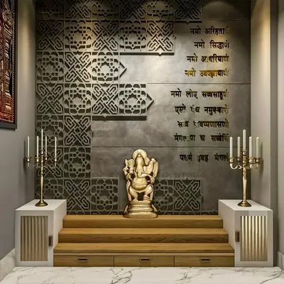 This custom pooja unit is a work of art, featuring intricate jaali work, sacred verses, and a multi-level wooden platform for idols. The design creates a truly divine atmosphere.