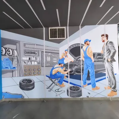 A detailed, comic-book style mural for CAAROBAR in Ludhiana, depicting a bustling auto workshop scene. This artwork tells the story of their business and the services they provide.