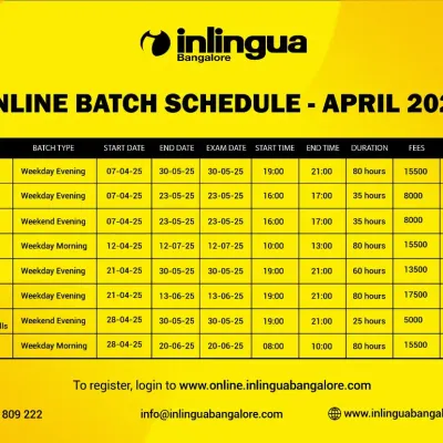 Here is a clear overview of our online batch schedule for April 2025. This table provides all the essential details for our German, French, Japanese, and English courses, including program levels, timings, duration, and fees, making it easy for you to find a class that fits your life.