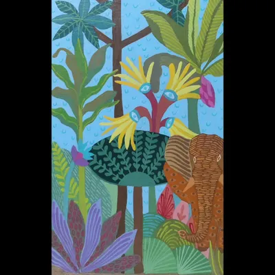 A personal art piece inspired by the lushness of the jungle. This digital illustration features an elephant peeking out from behind vibrant, oversized tropical plants and trees, showcasing a rich and imaginative color palette.
