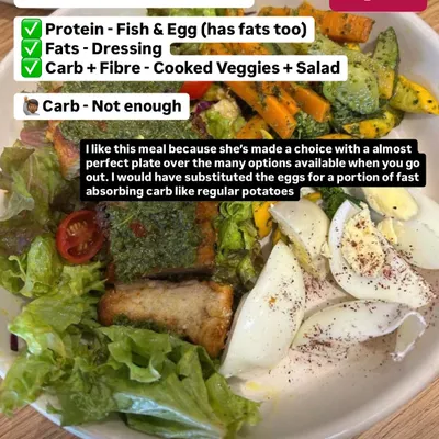 This lunch plate got a 9/10. It's a great choice with protein, fats, and fiber, but needed a few more carbs for energy. My feedback is about making small, smart tweaks to your existing meals.