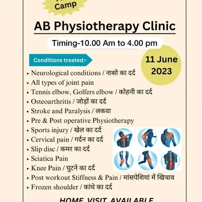 We regularly host free physiotherapy camps to serve our community. This flyer from a past event lists the wide range of conditions we treat, from joint pain and sports injuries to stroke and post-operative rehab.