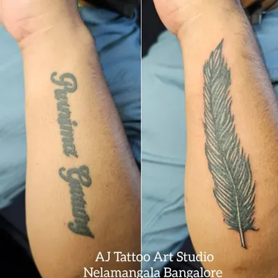 Before and after. I covered up old lettering with a detailed feather tattoo, giving this forearm a completely new look.