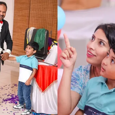 The wonder of magic! A young guest is captivated by a magician performing a trick with doves. We arrange for professional entertainers to ensure all the children at the party are amazed and delighted.