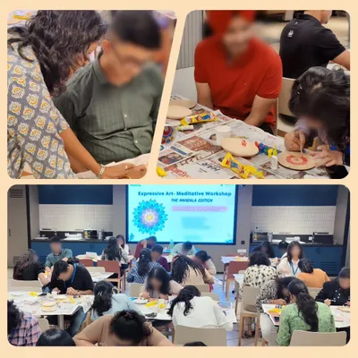 A collage from our expressive and meditative Mandala Art workshop for employees. This session is a colorful way for teams to recharge, promote mental clarity, and connect through a shared creative process.