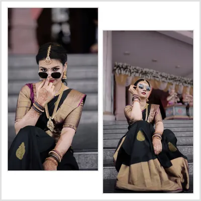 A bride with attitude. This collage shows off a modern bride's playful side, mixing traditional attire with a cool pair of sunglasses.
