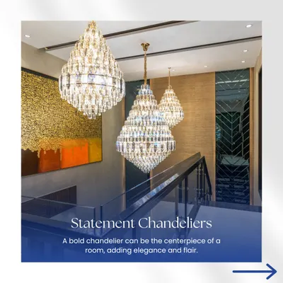 A bold chandelier can be the centerpiece of a room, adding elegance and flair. This image showcases a set of stunning crystal chandeliers that bring a touch of luxury to a double-height staircase area.