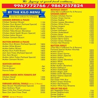 This is our complete 'By the Kilo' menu, your guide to ordering for parties and family dinners. It covers everything from Chicken and Mutton Biryani to Mughlai gravies, seafood, and even Arabic Mandi.