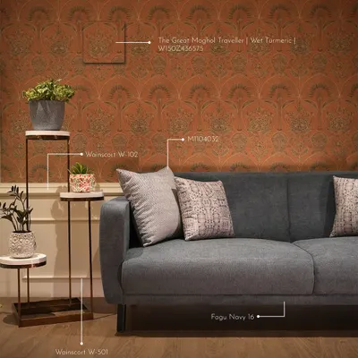 This image details a complete design palette, showing how I pair 'The Great Moghul Traveller' wallpaper with specific paint colors and furniture finishes to create a cohesive and sophisticated look.