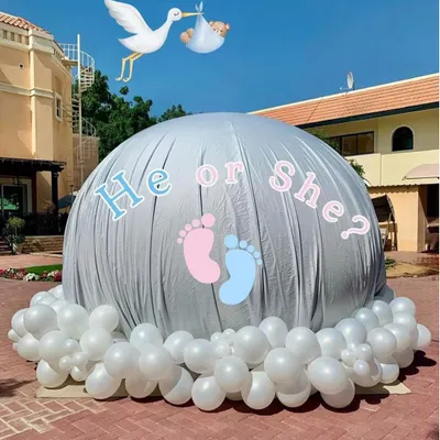 My signature bubble house gender reveal setup. The large inflatable dome is covered until the big moment, building suspense for the parents-to-be and their guests.