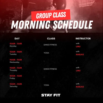 Here is the current morning schedule for our group classes. You can join me for yoga sessions on Tuesdays and Saturdays. It's a great way to start your day with mindful movement.
