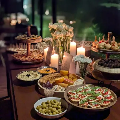 A romantic, candle-lit grazing table perfect for an intimate evening affair. The warm lighting highlights a rich assortment of bruschetta, olives, cheeses, and tiered canapés.
