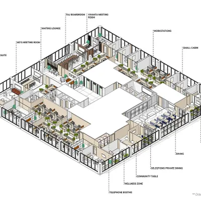 A complete axonometric drawing of "The Office with a View," illustrating the entire floor layout with designated zones for cabins, workstations, dining, and wellness areas.