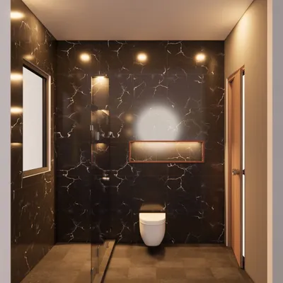 A 3D render for a bathroom in GK-1, South Delhi. The design uses large-format black marble tiles with white veins to create a dramatic and luxurious feel, enhanced by warm accent lighting in the shower niche.